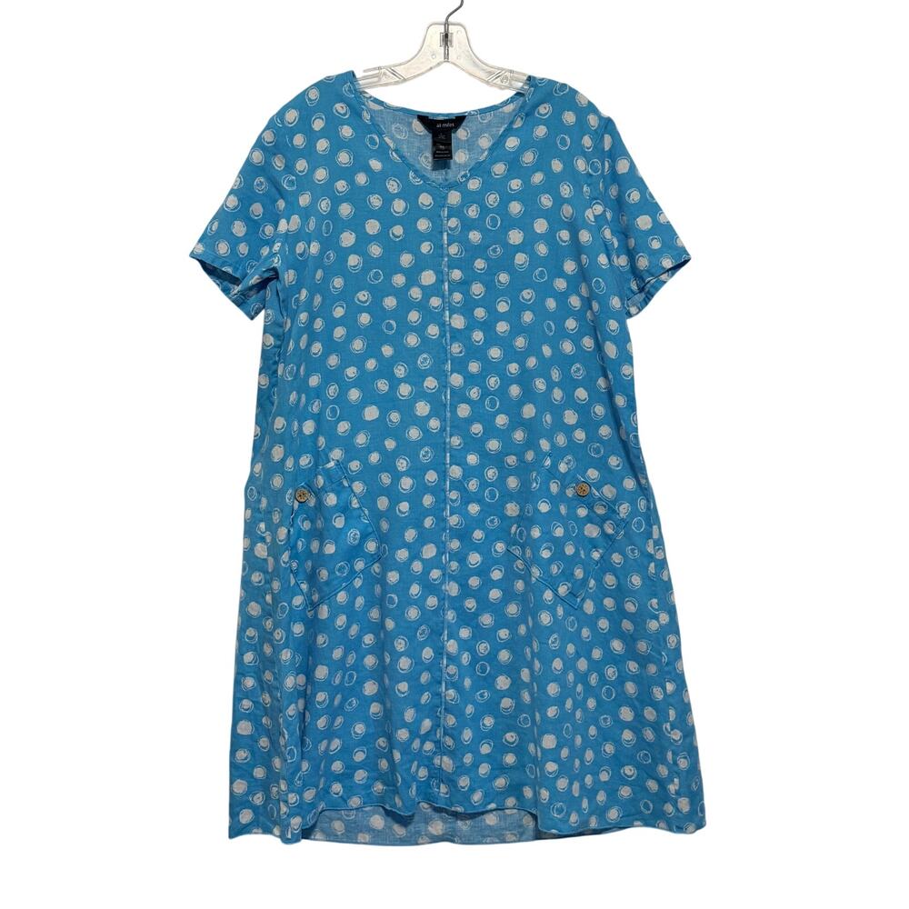Ali Miles Short Sleeve Linen Blend Dress Blue Polka Dot Resort Beachy Coastal